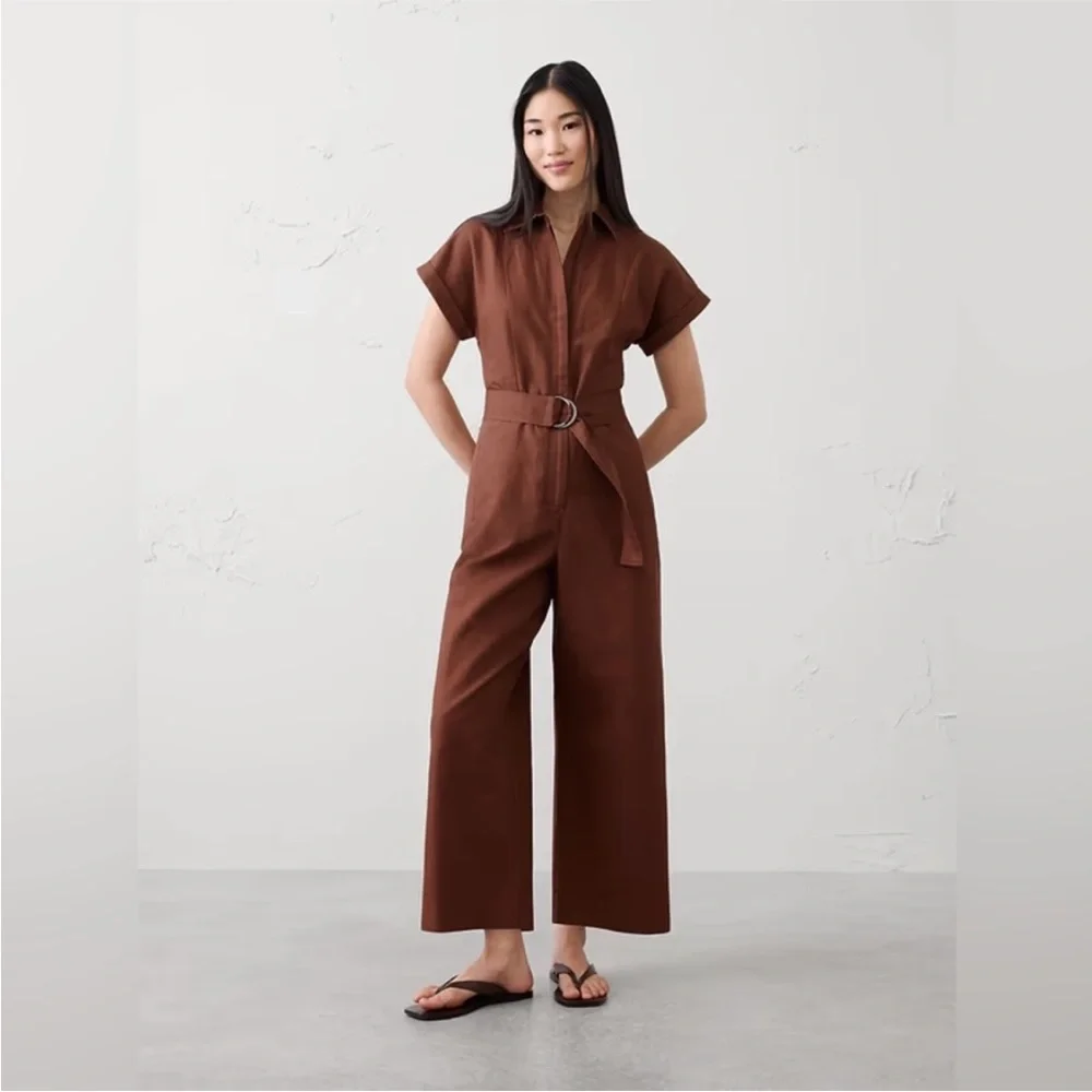 NWT! Banana Republic Warm Brown Linen-Blend Jumpsuit - Large Petite Only